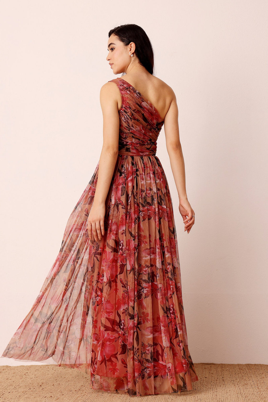 One Shoulder Maxi Red Floral