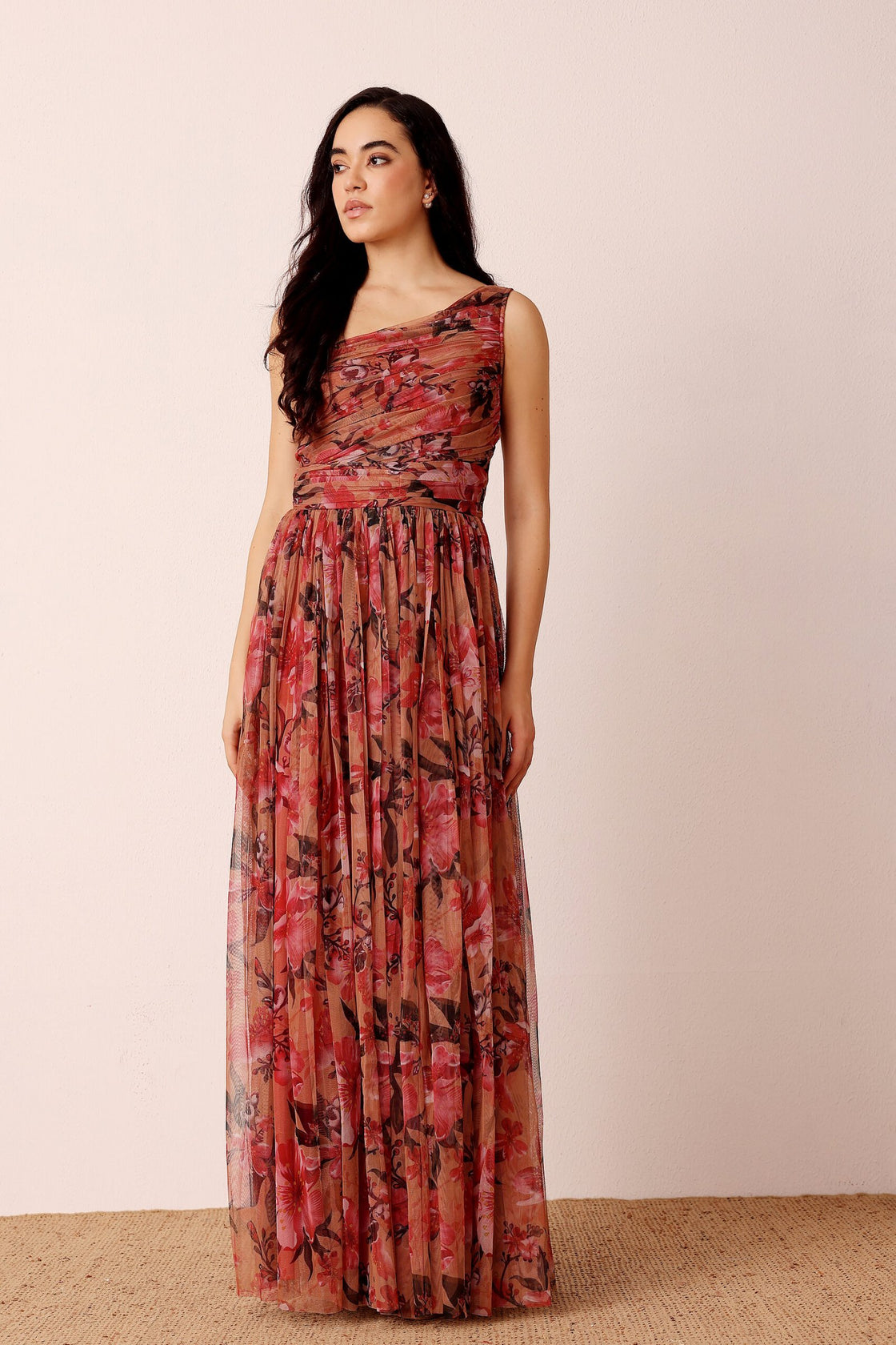 One Shoulder Maxi Red Floral