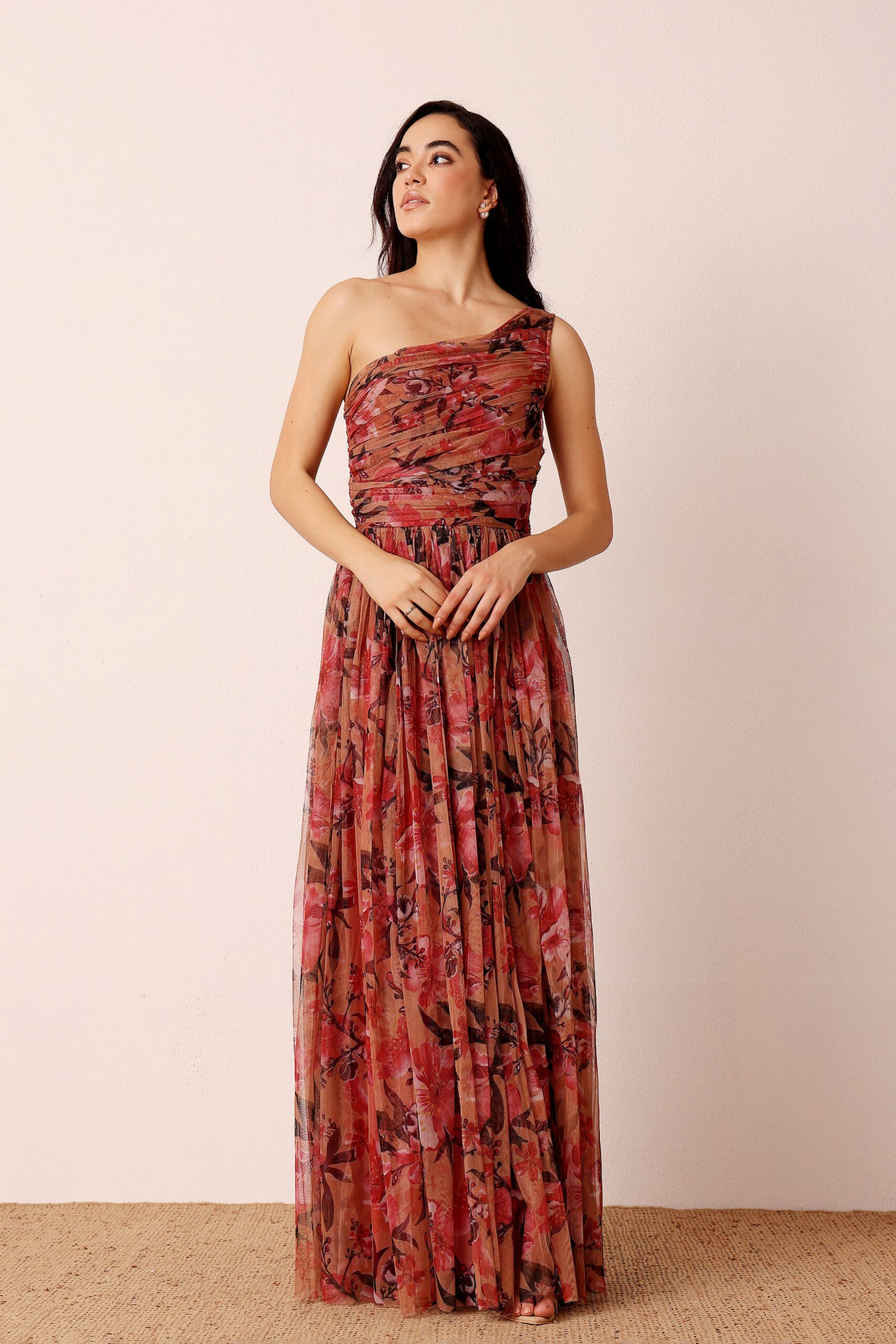 One Shoulder Maxi Red Floral