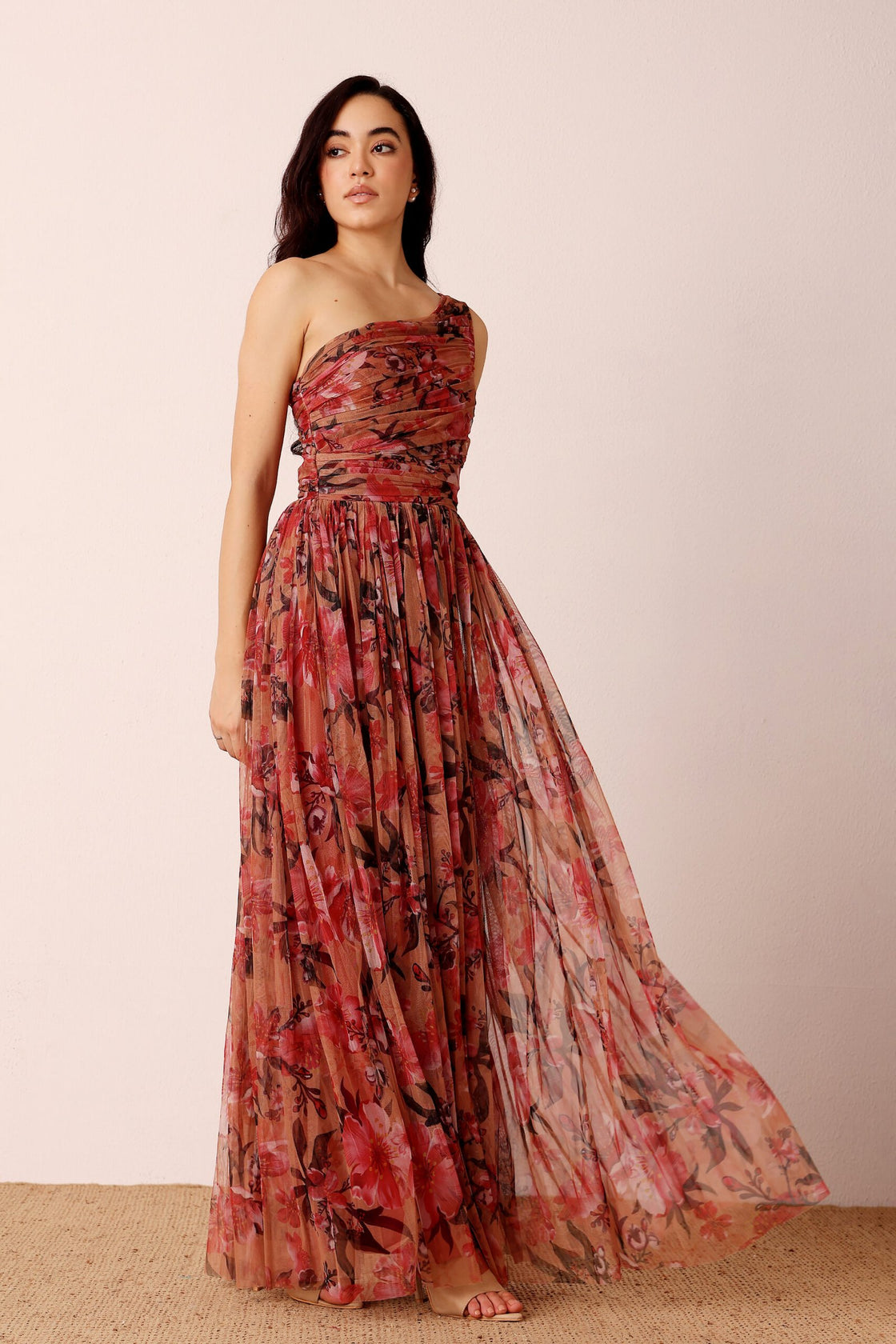 One Shoulder Maxi Red Floral